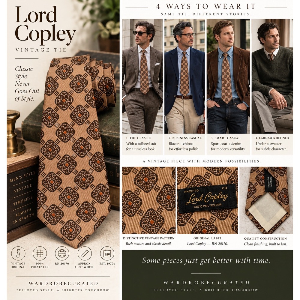 Lord Copley Vintage 70s Mens Tie Tan Brown Orange Geometric Medallion RN 20170